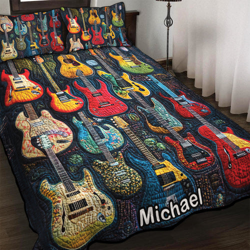 Personalized Guitar Lover's Quilt Bedding Set - Acoustic Vibe Blanket PopCulturePrints