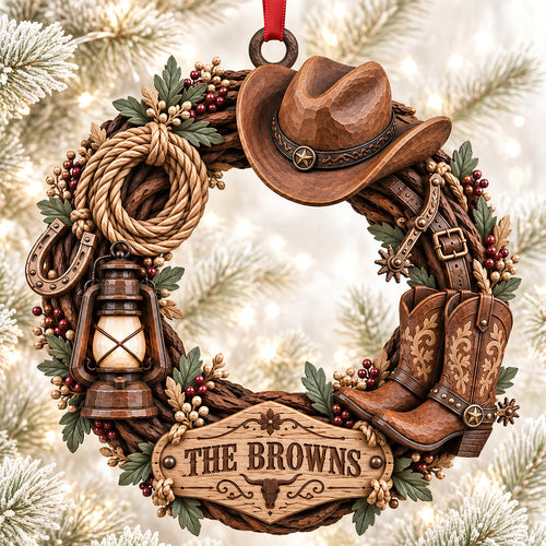 Personalized Cowboy Wooden Wreath Acrylic Ornament - Custom Christmas Gift for Friends and Family Ornament PopCulturePrints