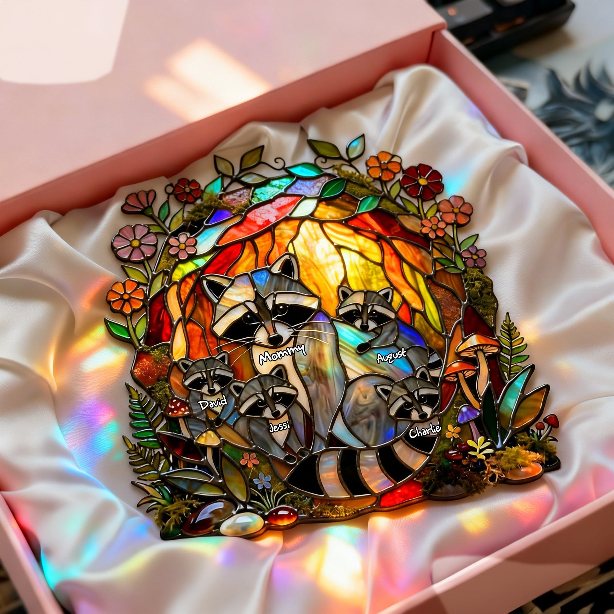 "Embrace the Beauty of Nature" - Raccoon Family Suncatcher Ornament - Personalized Gift for Mom, Grandma, and Loved Ones Ornament PopCulturePrints