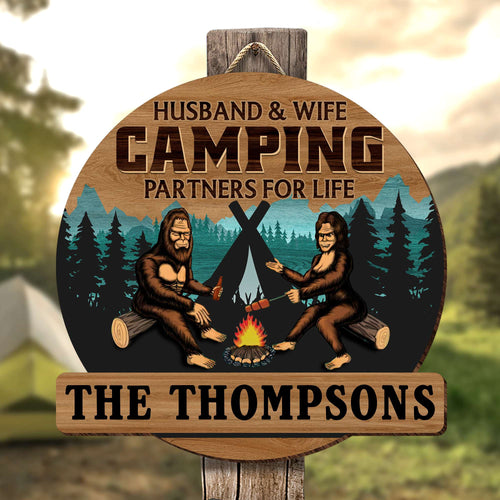 Personalized Bigfoot Camping Couple Wood Sign - Custom Outdoor Valentine's Day Gifts Wood Sign PopCulturePrints