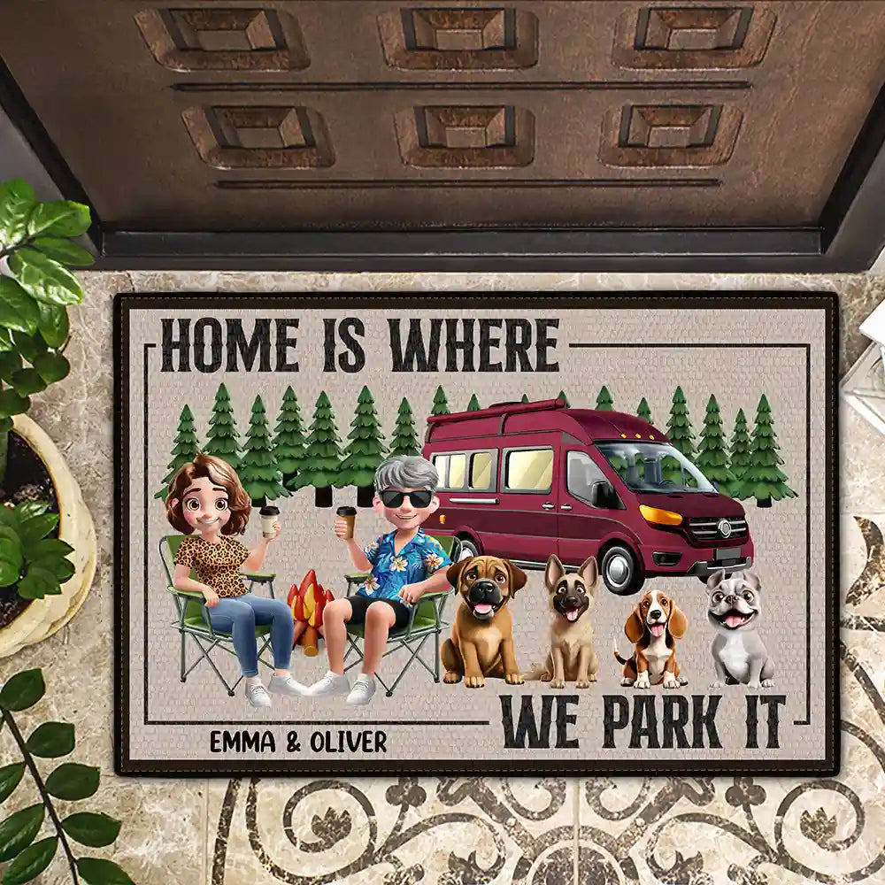 You And Me And The Dogs Camping Cartoon - Personalized Doormat Doormat PopCulturePrints