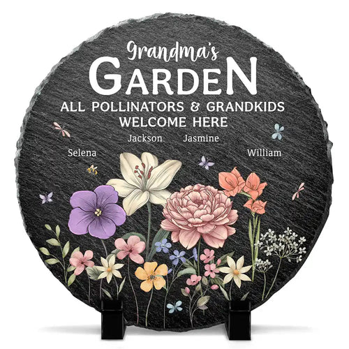 “Grandma’s Garden: A Place for Pollinators & Grandkids” - Personalized Circle Memorial Garden Stone - Custom Gift for Family Lovers Memorial Garden Stone PopCulturePrints