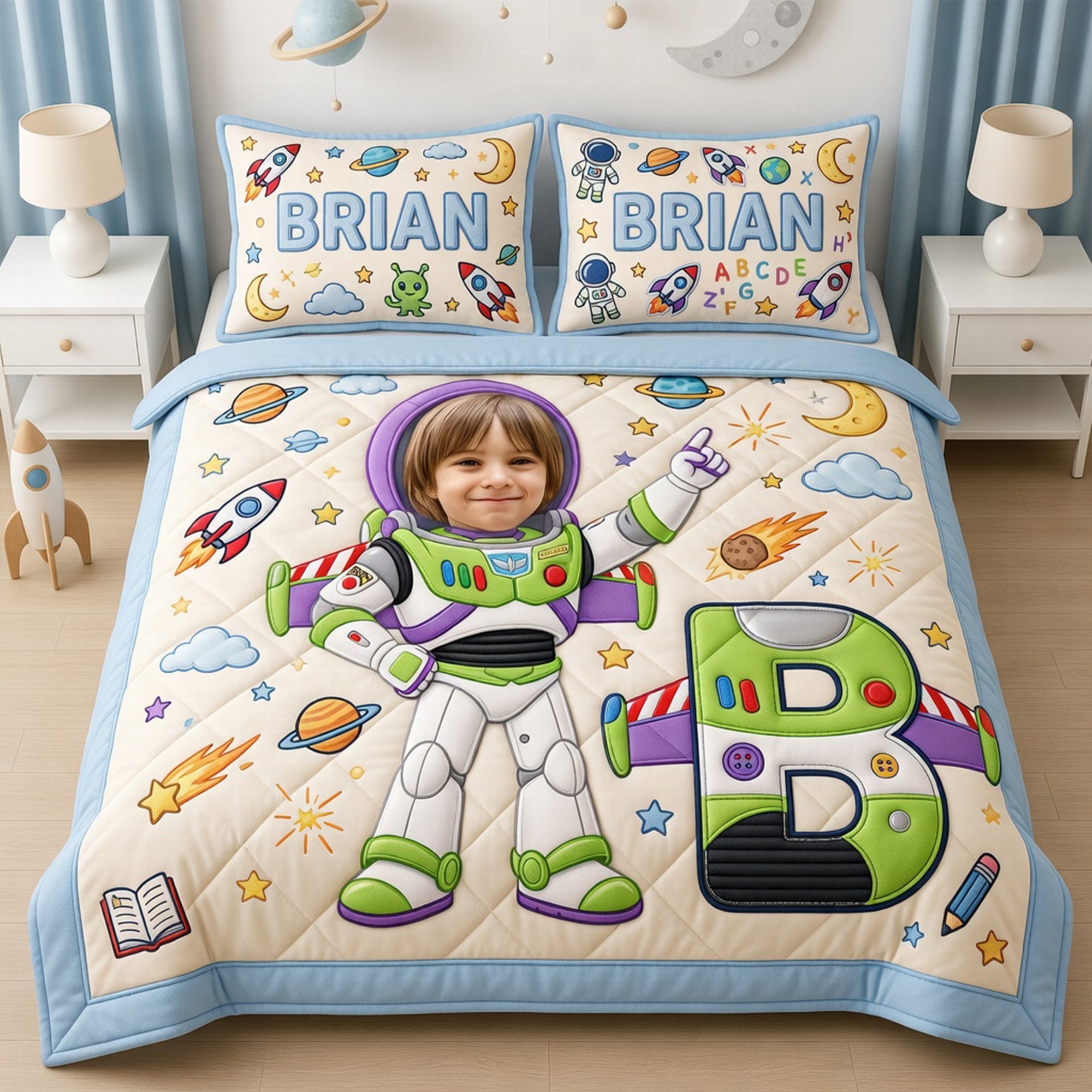 “Blast Off to Dreamland!” - Custom Photo Rocket Space Quilt Bed Set - Personalized Gift for Kids Bedding Set PopCulturePrints