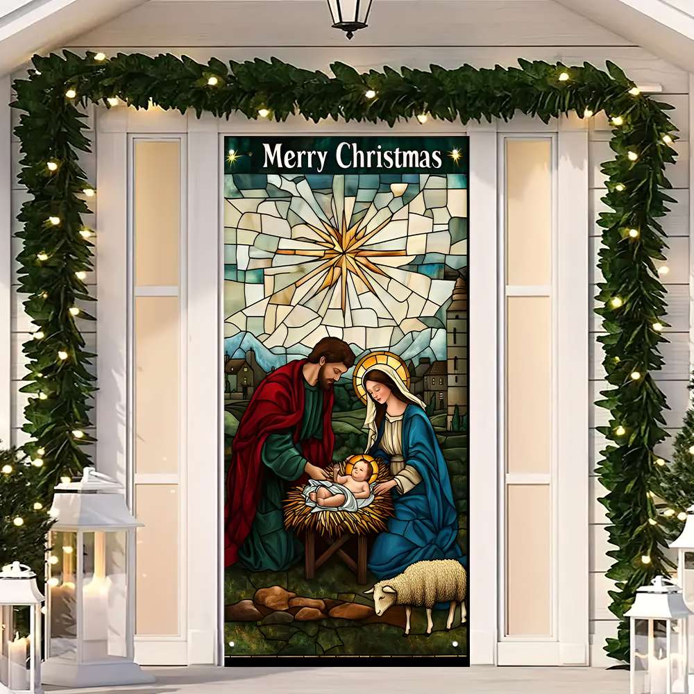 Nativity Scene Christmas Door Cover - Holy Night Christ Born