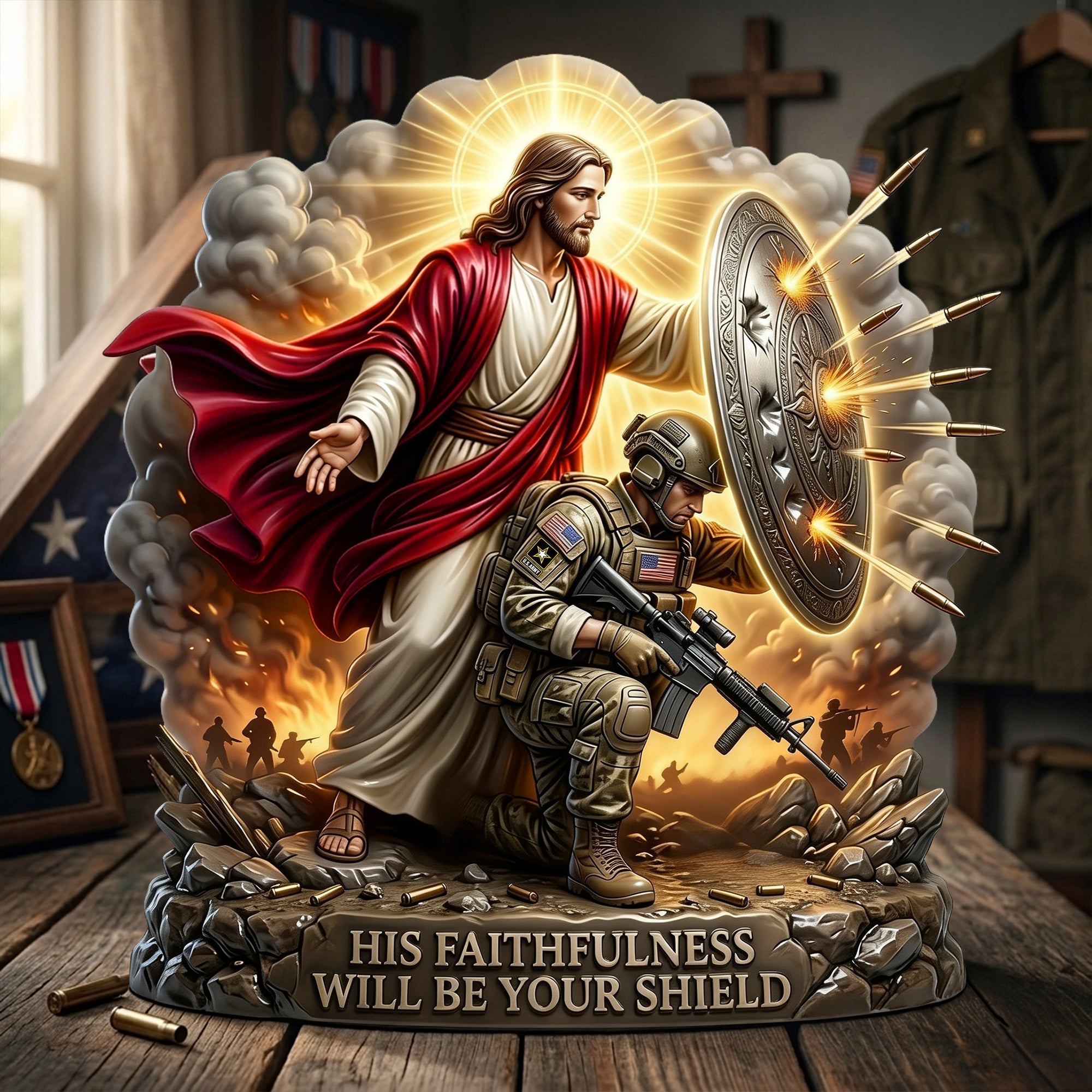 “His Faithfulness Will Be Your Shield” - Personalized Christian Soldier Shield Acrylic Plaque - Custom Gift for Veterans and Believers Shaped Plaques PopCulturePrints