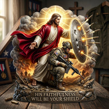Load image into Gallery viewer, “His Faithfulness Will Be Your Shield” - Personalized Christian Soldier Shield Acrylic Plaque - Custom Gift for Veterans and Believers Shaped Plaques PopCulturePrints
