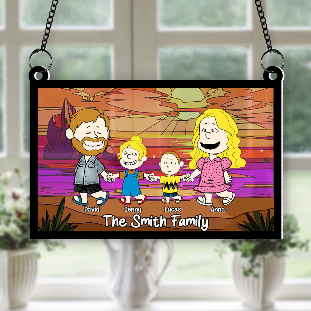 Personalized Family Cartoon Suncatcher Ornament - Custom Characters and Names