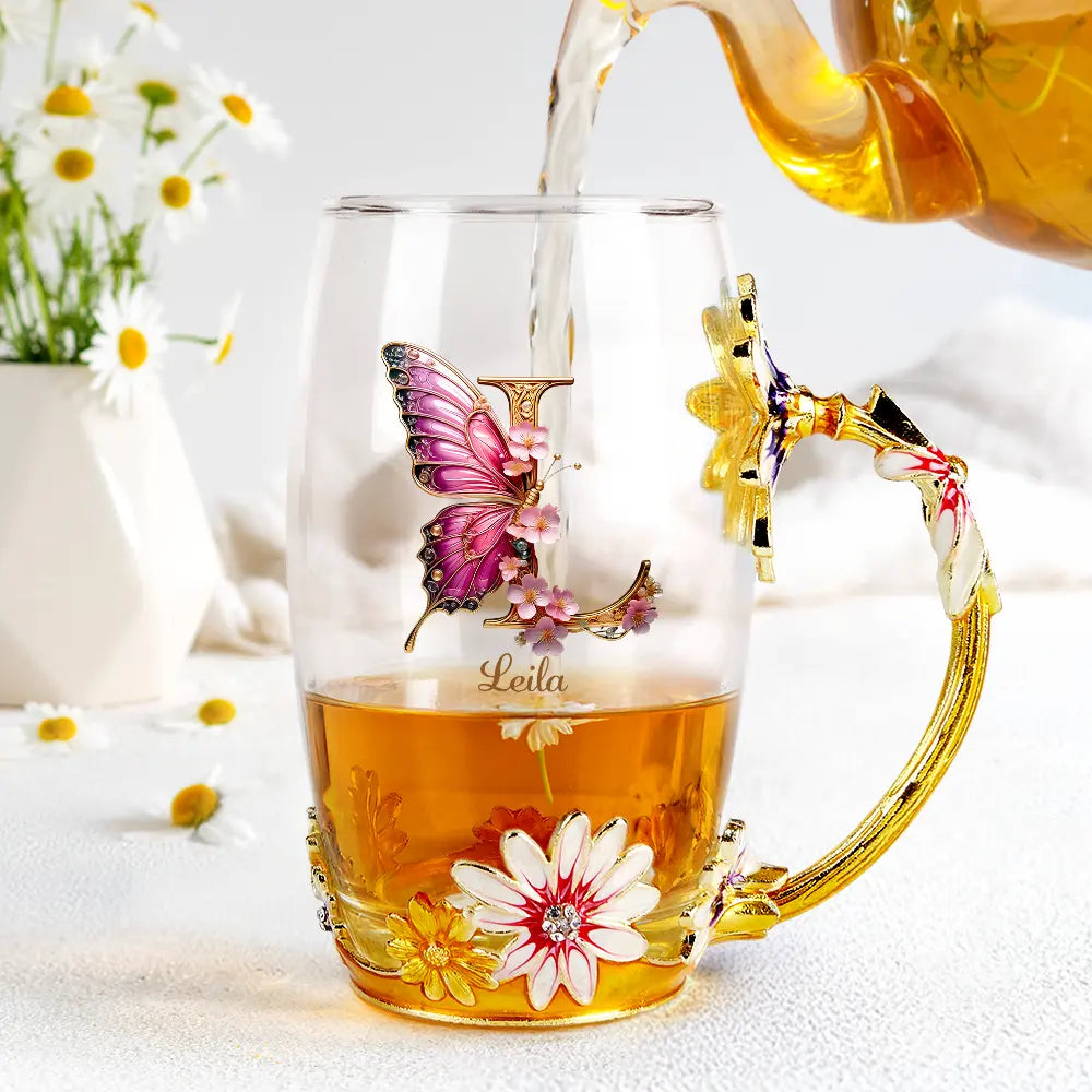 "Embrace Elegance with Every Sip" - Personalized Flower Butterfly Monogram Glass Tea Cup - Perfect Gift for Friends, Family, and Loved Ones Glass Flower Tea Cup PopCulturePrints