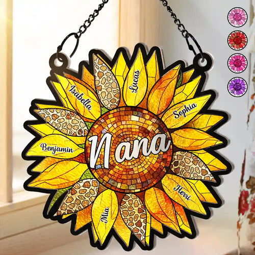 Nana’s Family Sunflower of Love - A Personalized Suncatcher Ornament for Nana and Her Loved Ones Suncatcher Ornament PopCulturePrints