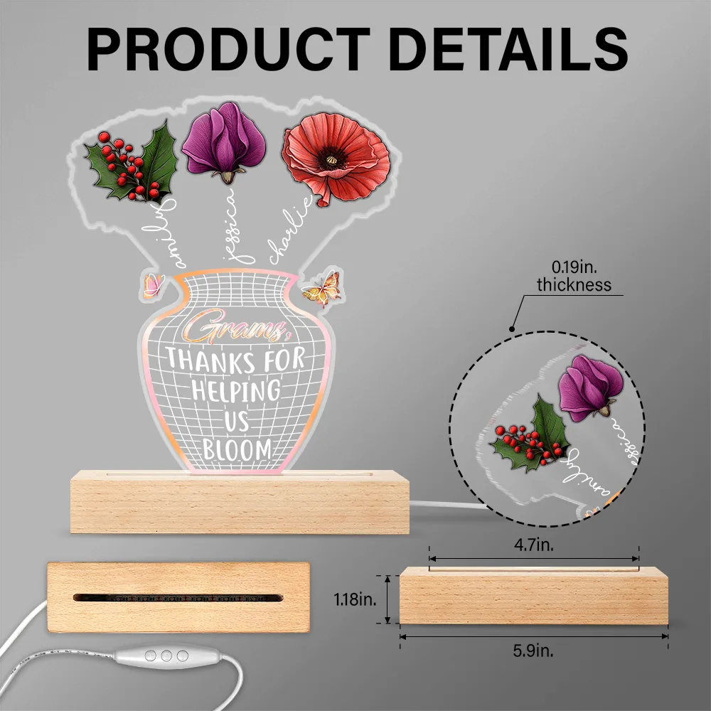 Mom, Thanks For Helping Us Bloom - Personalized 3D LED Light Wooden Base Gift for Mom, Grandma, and Special Women 3D Led Light PopCulturePrints