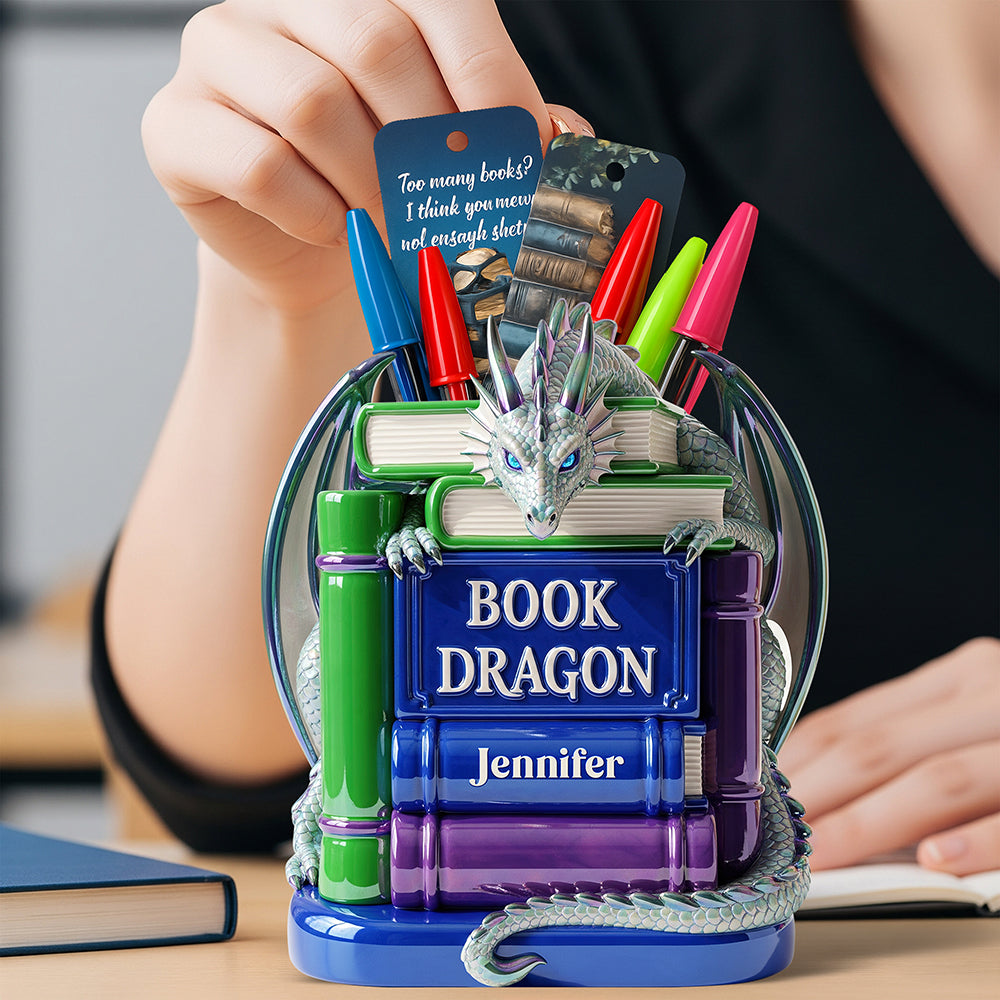 “Too Many Books?” - Book Dragon Wooden Pen Holder - Personalized Gift for Book Lovers Pen Holder PopCulturePrints