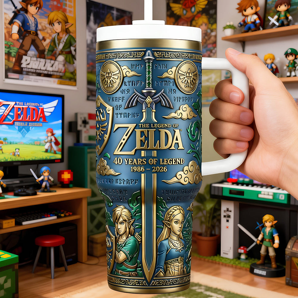 "Celebrate 40 Years of Adventure!" - Customizable Handle Tumbler for The Legend of Zelda Fans Tumbler Cup PopCulturePrints
