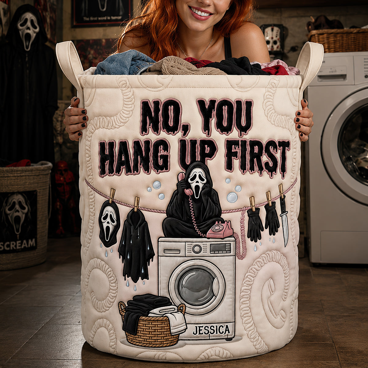 "No, You Hang Up First!" - Personalized Fun Chatty Quilted Laundry Basket