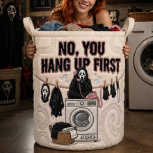 Load image into Gallery viewer, "No, You Hang Up First!" - Personalized Fun Chatty Quilted Laundry Basket
