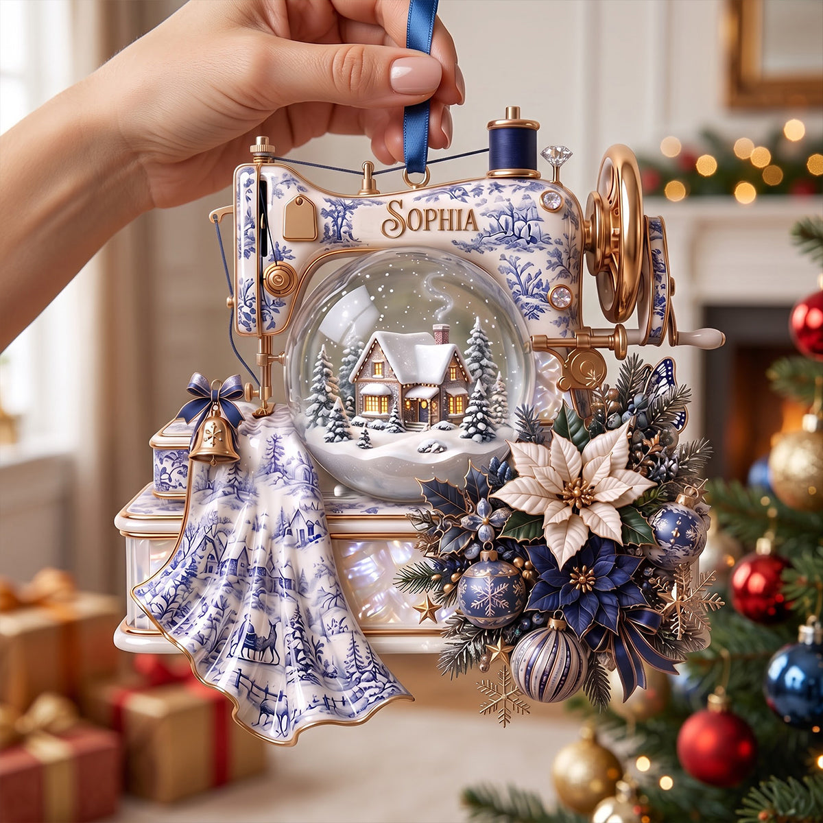 Embrace the Holidays with a Touch of Elegance - Personalized Toile de Jouy Christmas Sewing Ornament