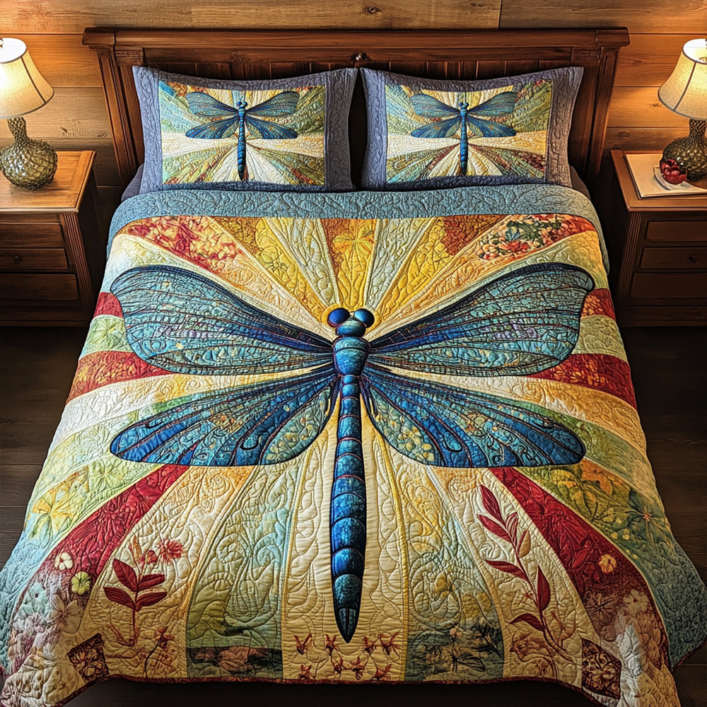 Vibrant Dragonfly Quilt Bedding Set - Perfect Gift for Nature Lovers Blanket PopCulturePrints