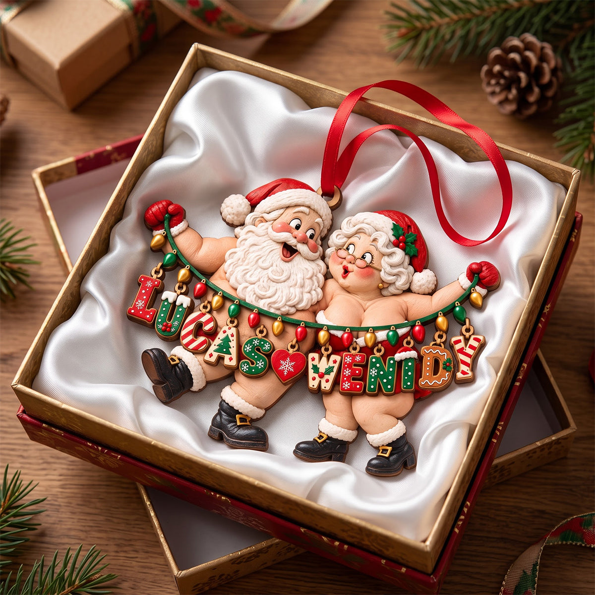 “Celebrate Love with a Touch of Festivity” - Personalized Name Art Fun Santa Couple Ornament - Custom Christmas Gift for Couples