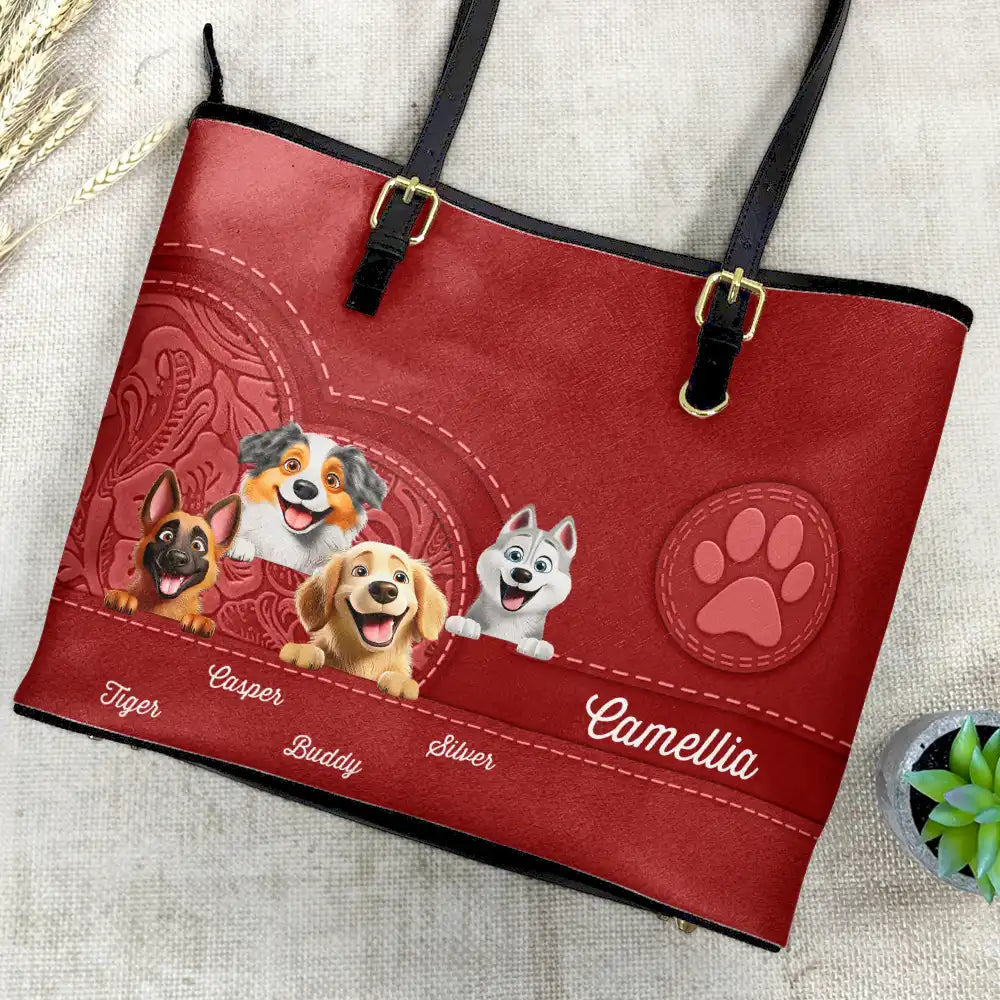 “For the Love of Dogs!” - Personalized Leather Tote Bag for Dog Moms, Perfect Gift for Any Occasion Leather Tote Bag PopCulturePrints