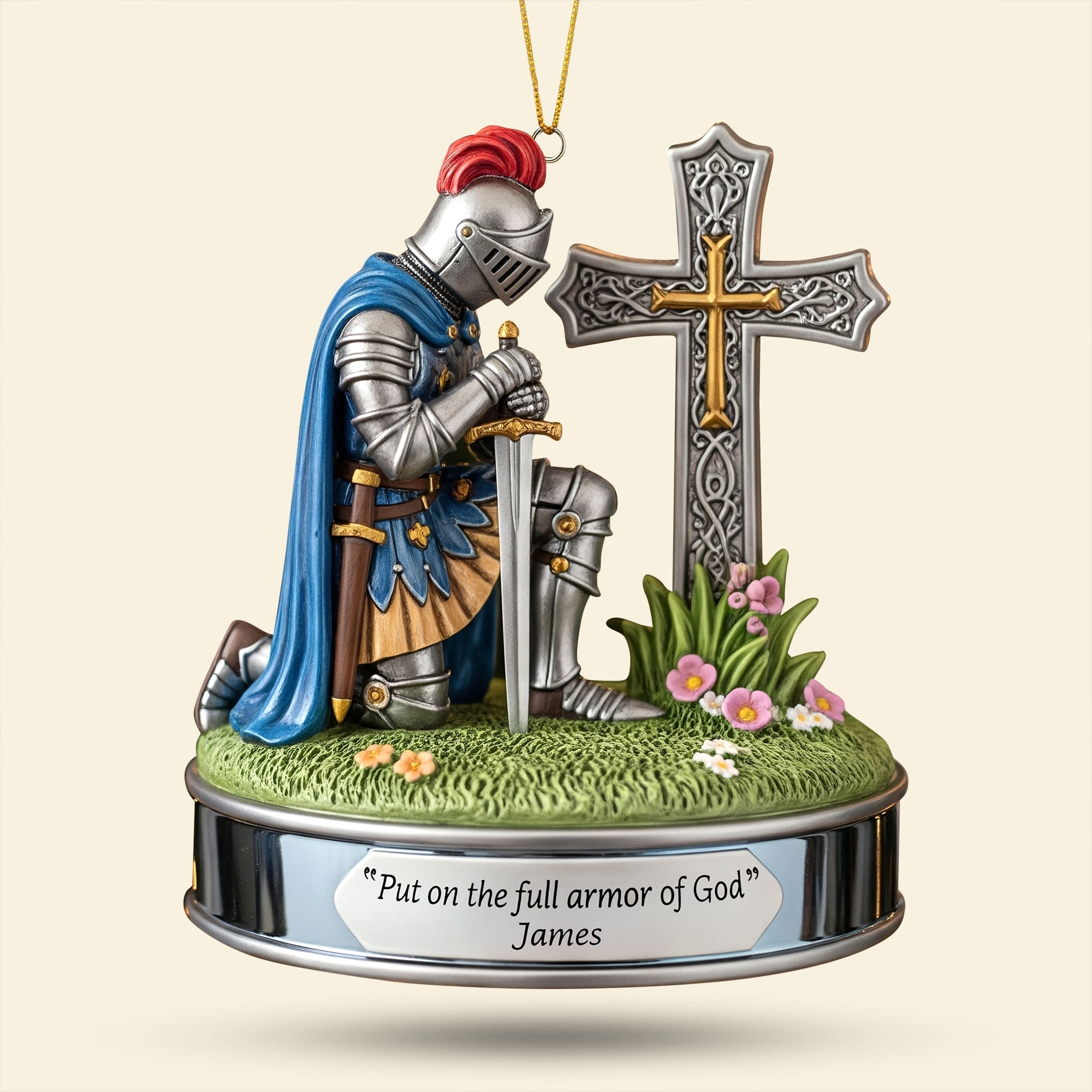 "Put on the full armor of God" - Kneeing Knight Ornament - Personalized Christian Gift for Friends, Family, and Loved Ones Ornament PopCulturePrints