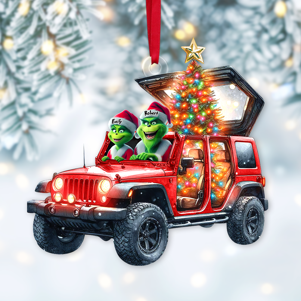 Custom Couple Christmas Ornament - Festive Jeep Design