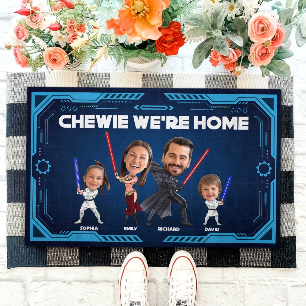 Custom Star-Themed Family Photo Doormat - 'Chewie We're Home' Doormat PopCulturePrints