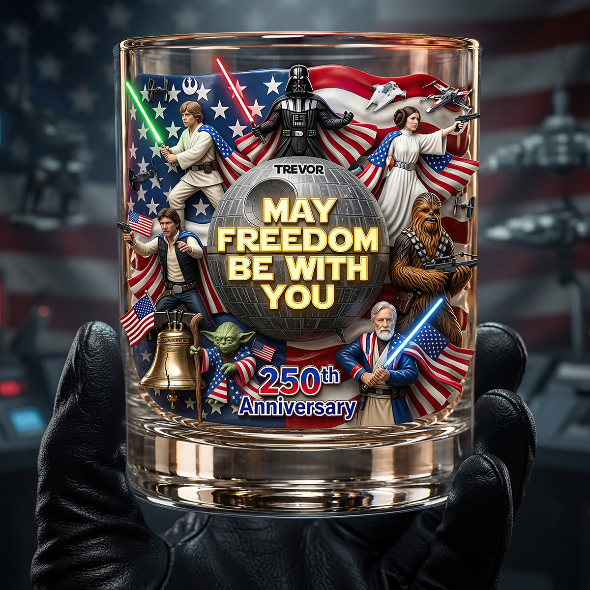 “May Freedom Be With You” - Personalized Round Glass for 250th Anniversary Gift Glass PopCulturePrints