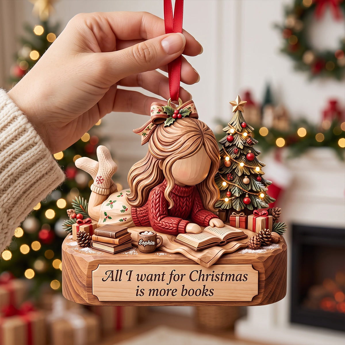All I Want for Christmas is More Books - Bookish Girl Christmas Custom Shape Ornament | Perfect Personalized Gift for Book Lovers