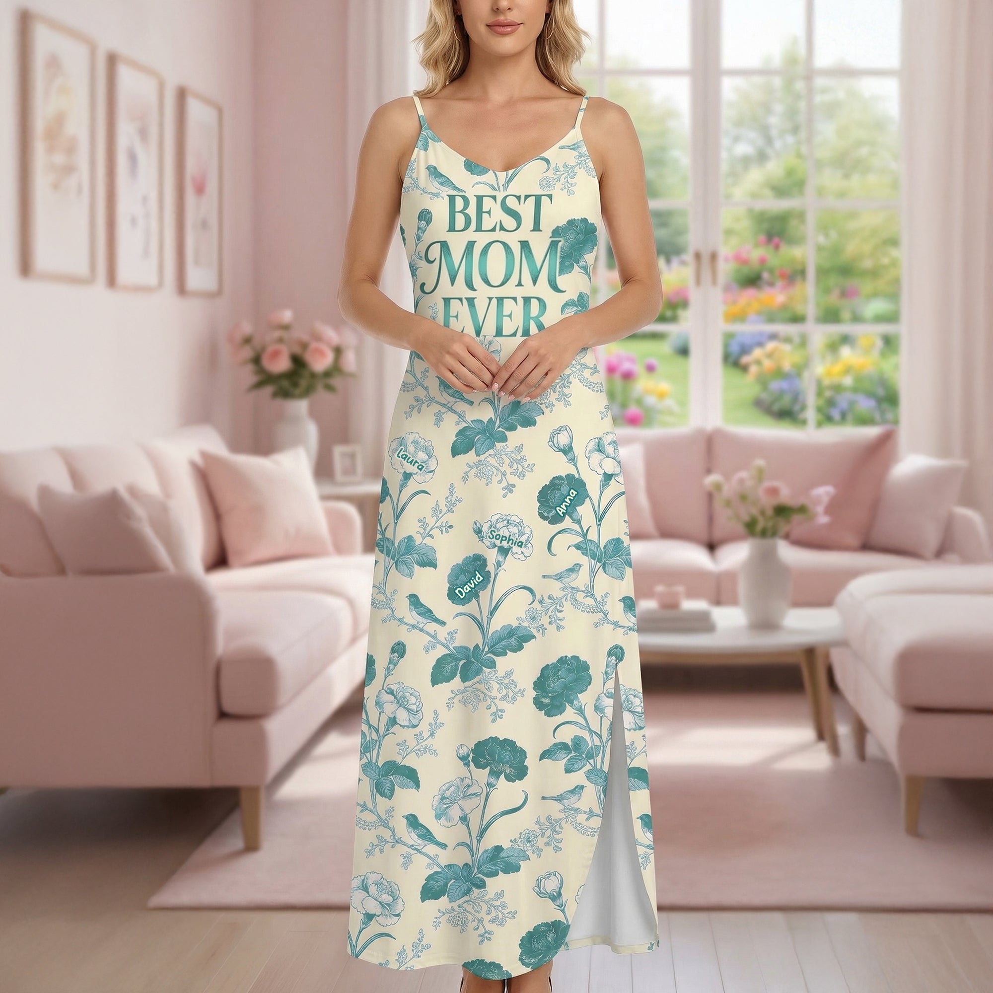 "Best Mom Ever" - Personalized Flower Toile de Jouy Suspender Maxi Dress - Custom Gift for Mom, Grandma, and More Dress PopCulturePrints
