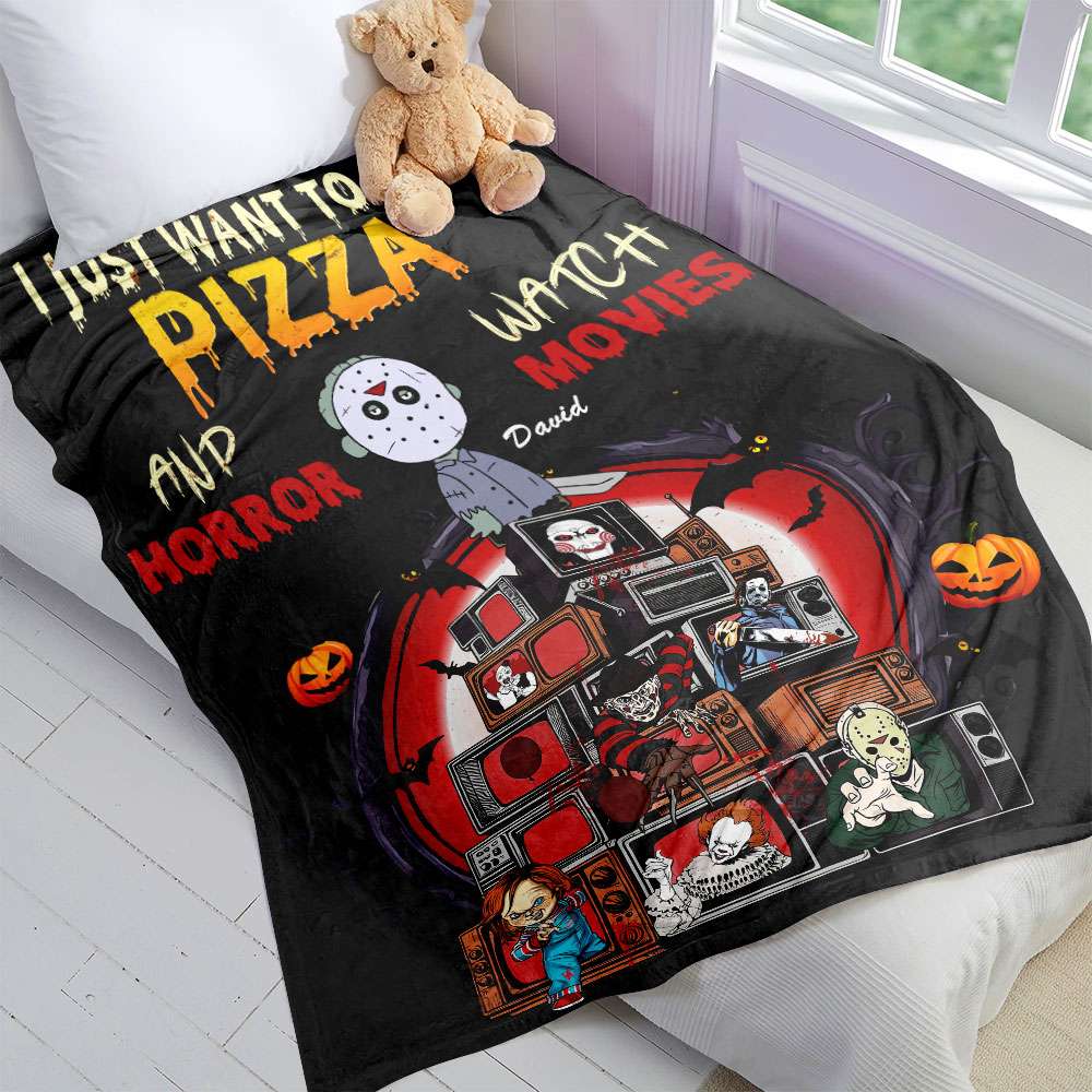 Personalized Horror Movie Lover's Blanket - Eat Pizza and Watch Horror Movies Design