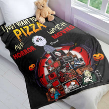 Load image into Gallery viewer, Personalized Horror Movie Lover&#39;s Blanket - Eat Pizza and Watch Horror Movies Design
