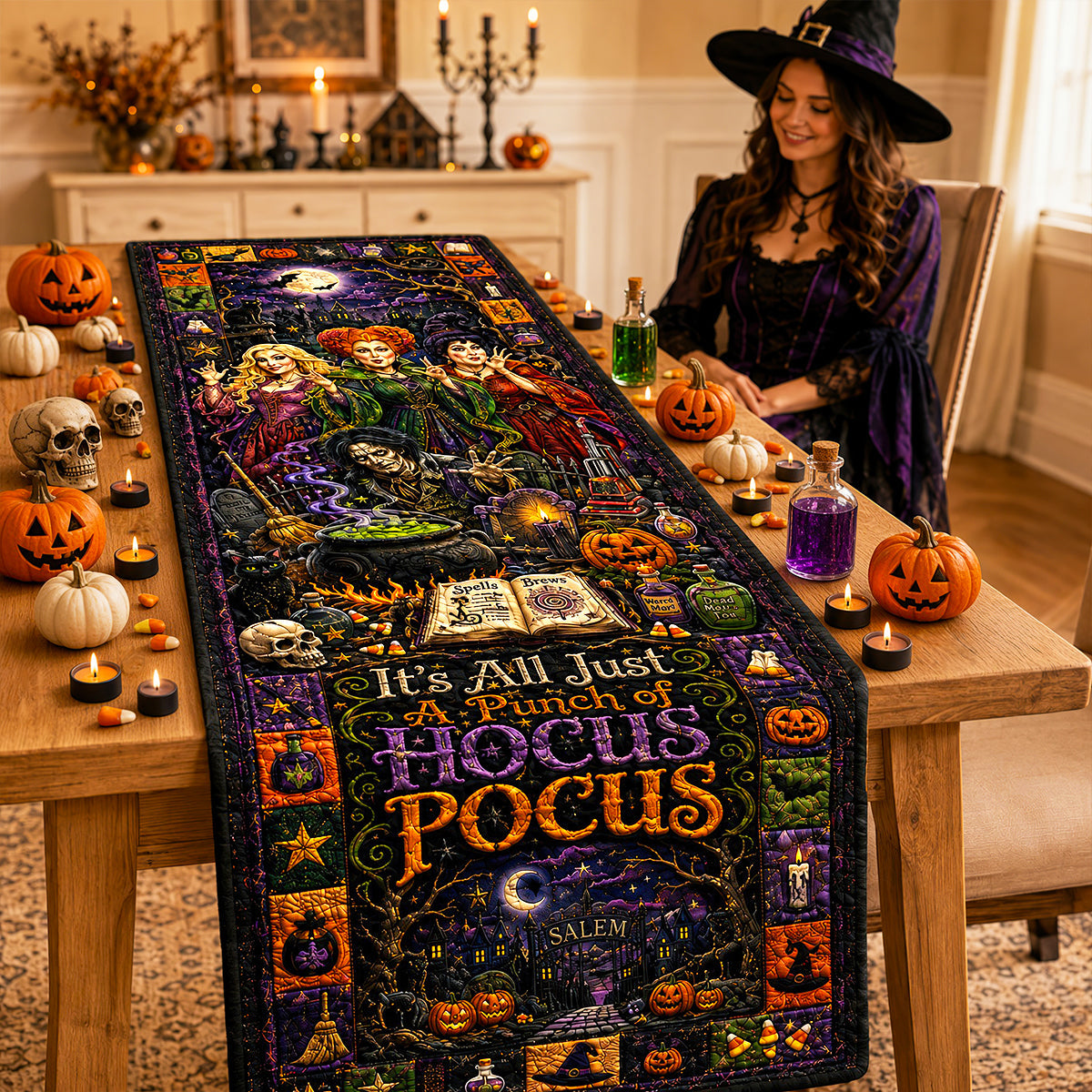 “It’s All Just A Punch of Hocus Pocus” - Personalized Halloween Table Runner Gift for Friends and Family Quilted Table Runner PopCulturePrints