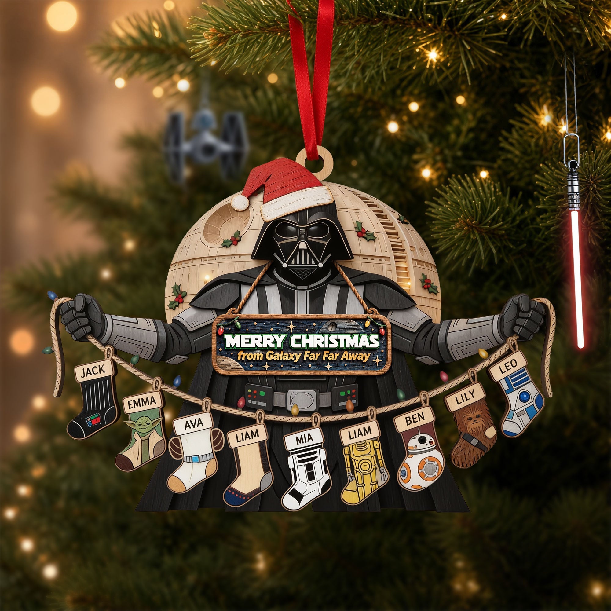 Merry Christmas from Galaxy Far Far Away - Personalized Cosmic Christmas Stocking Ornament for Family