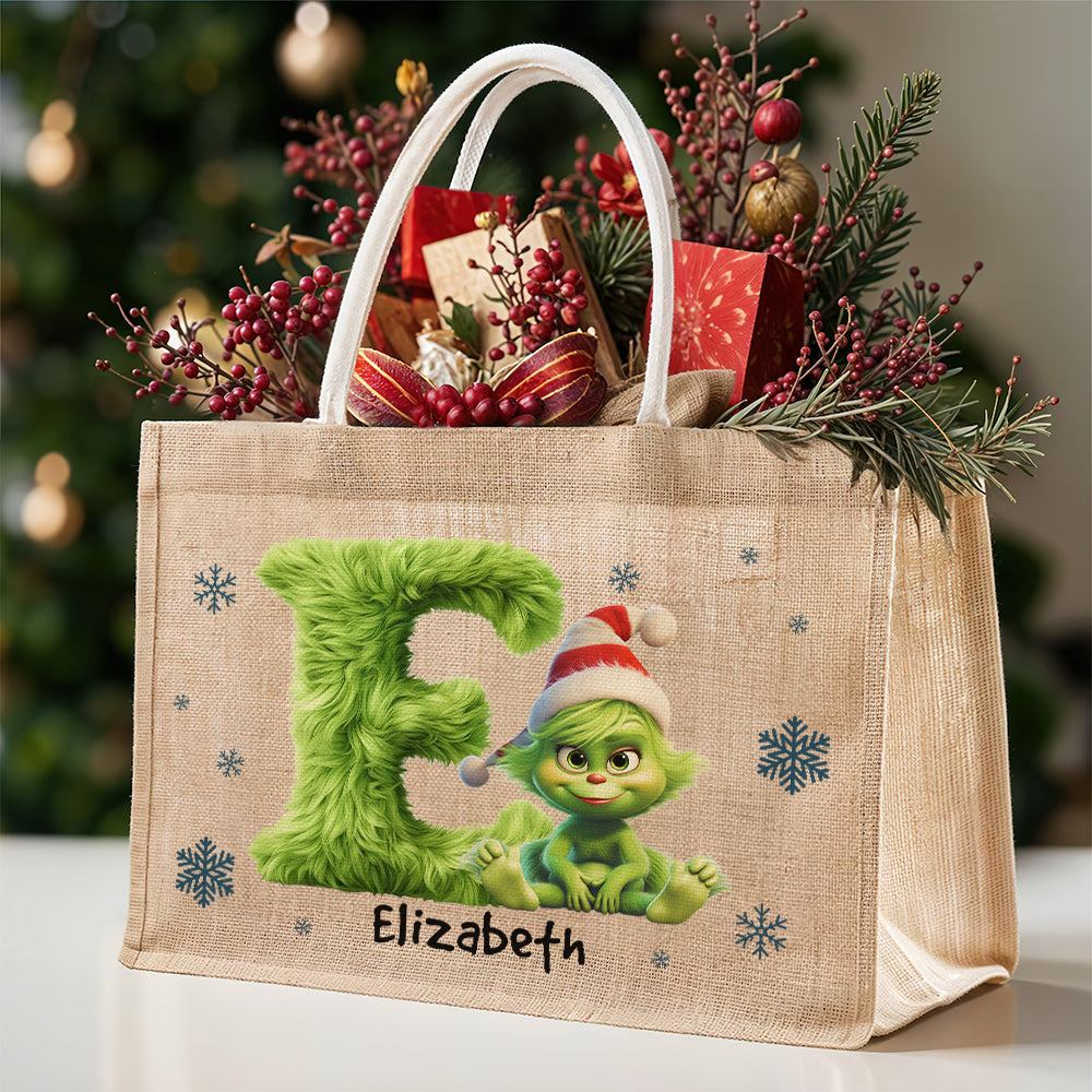 Personalized Holiday Alphabet Jute Tote Bag