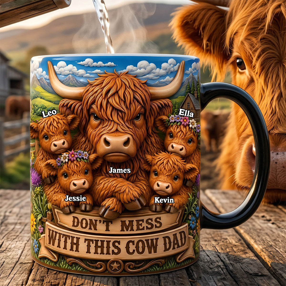“Don't Mess with This Cow Dad” - Rustic Highland Cow Personalized Coffee Mug - Gift for Dads, Grandpas, and More Coffee Mug PopCulturePrints