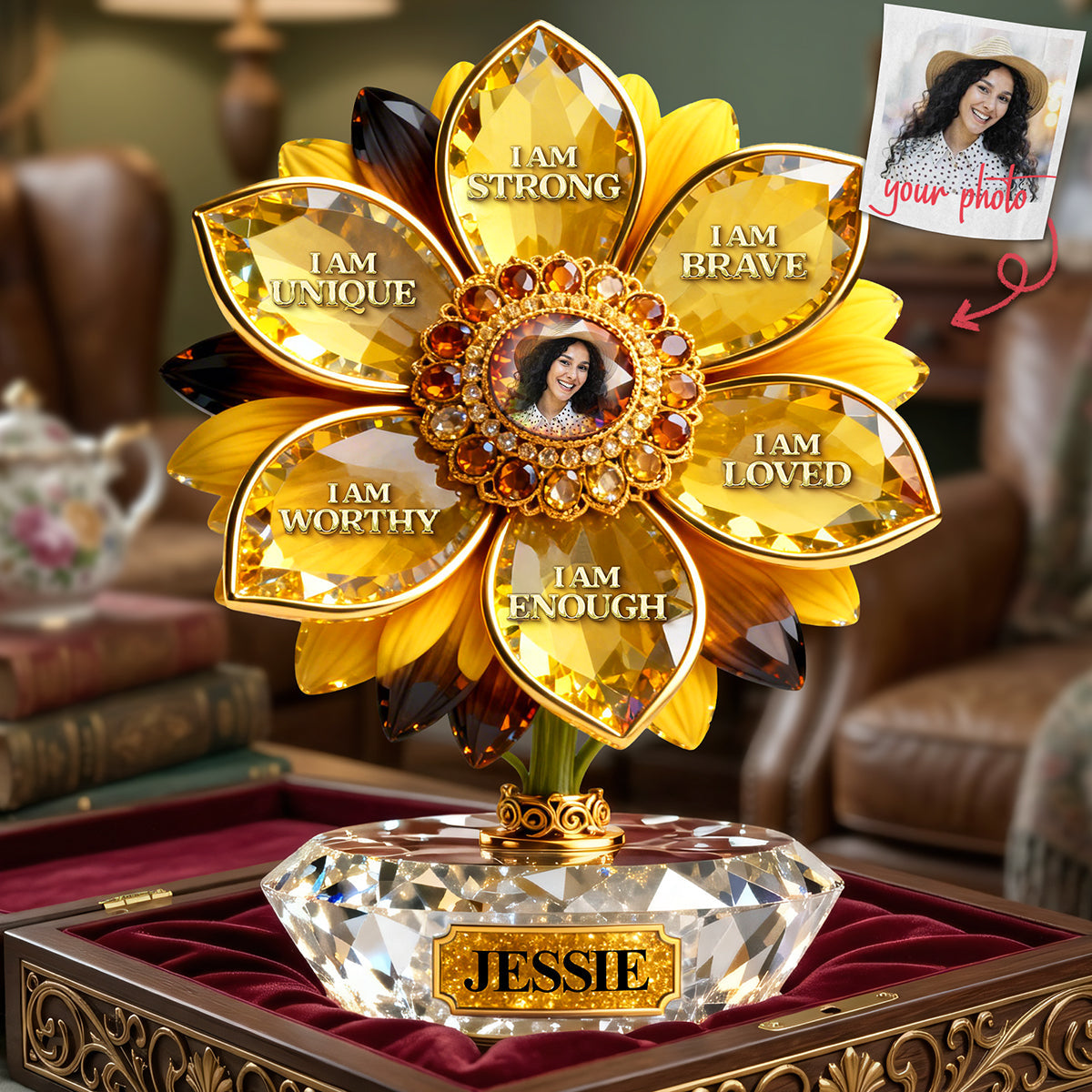 I Am Loved: Affirmation Sunflower Acrylic Plaque - Custom Photo Gift for Mom & Grandma Shaped Plaques PopCulturePrints