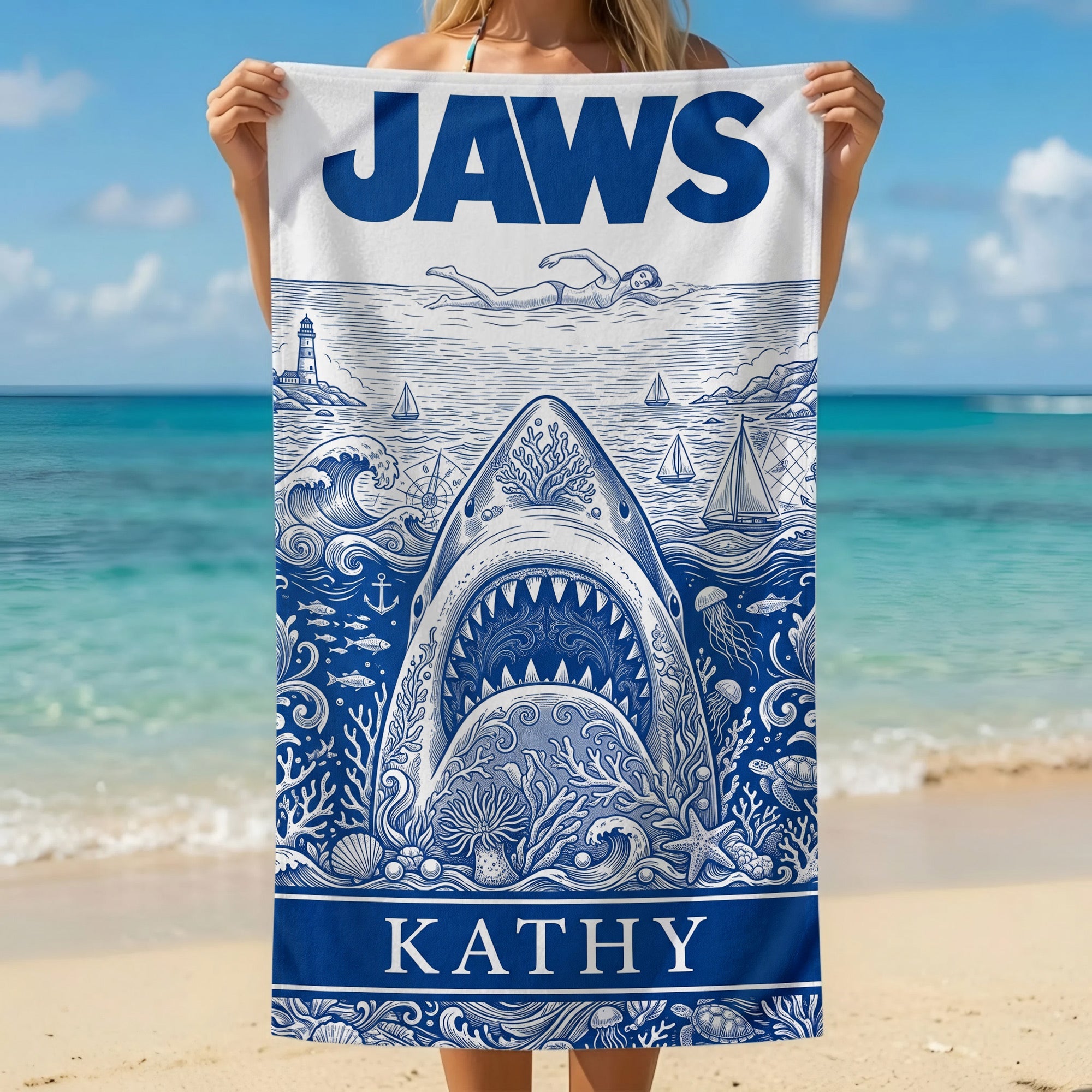Ancient Shark Toile De Jouy Beach Towel, Personalized Gifts 03qhti180726 Beach Towel PopCulturePrints
