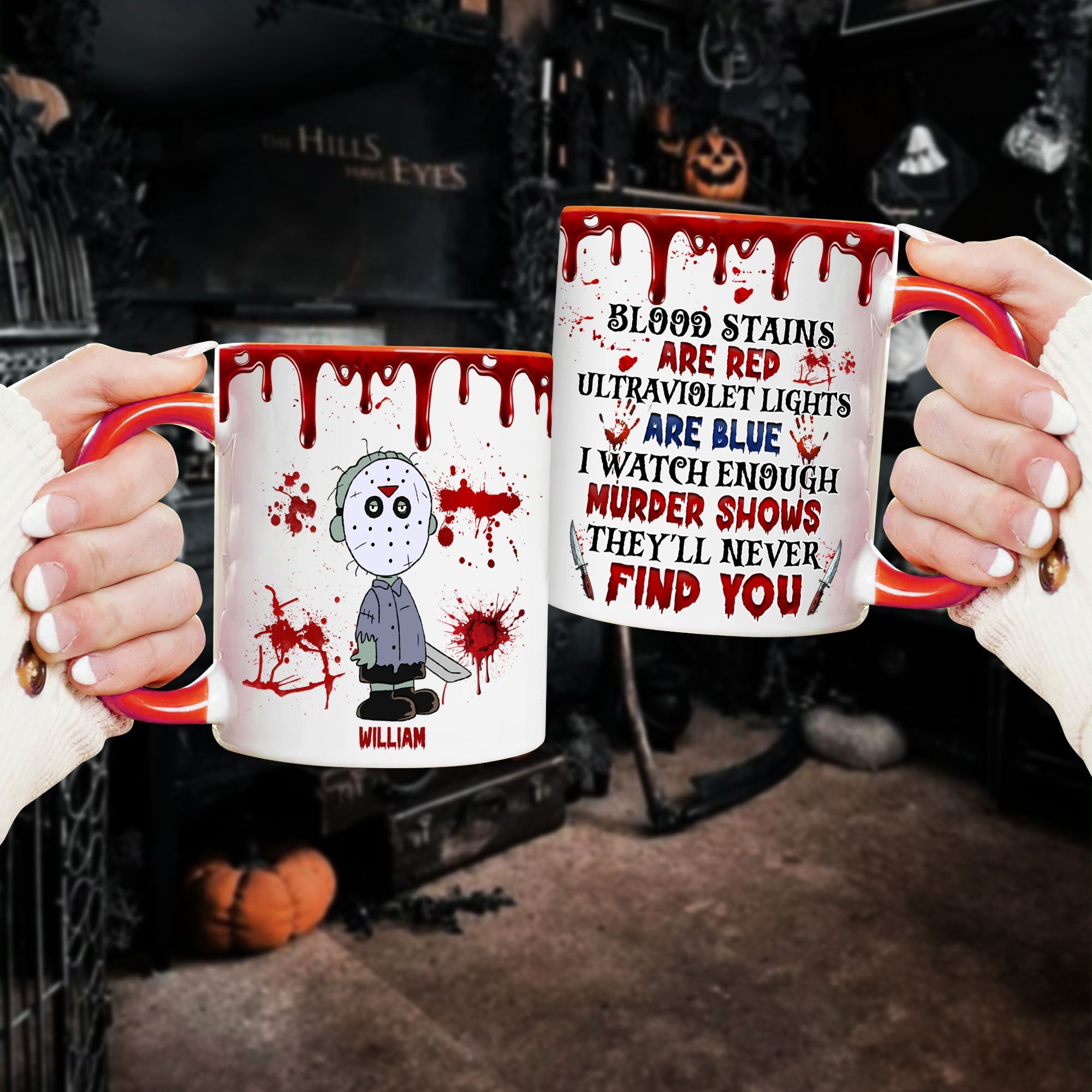 Personalized Horror Fan Halloween Coffee Mug - Blood Stains Are Red Design