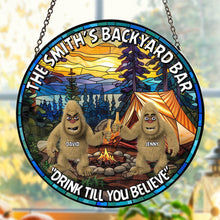 Load image into Gallery viewer, Personalized Bigfoot Seeker Stained Glass Suncatcher Ornament - Backyard Bar Theme
