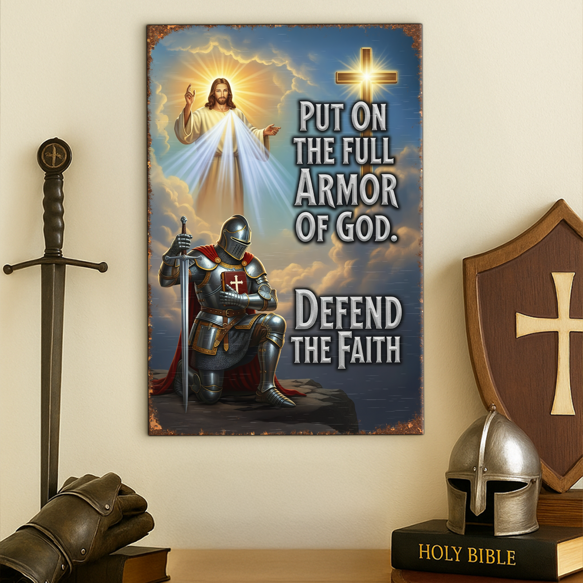 Put on the Full Armor of God - Personalized Kneeing Knight & God Print Metal Sign Metal Signs PopCulturePrints
