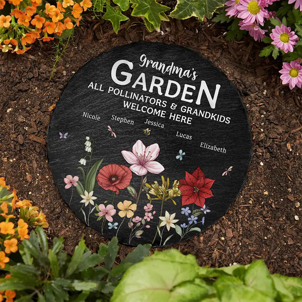 “Grandma’s Garden: A Place for Pollinators & Grandkids” - Personalized Circle Memorial Garden Stone - Custom Gift for Family Lovers Memorial Garden Stone PopCulturePrints