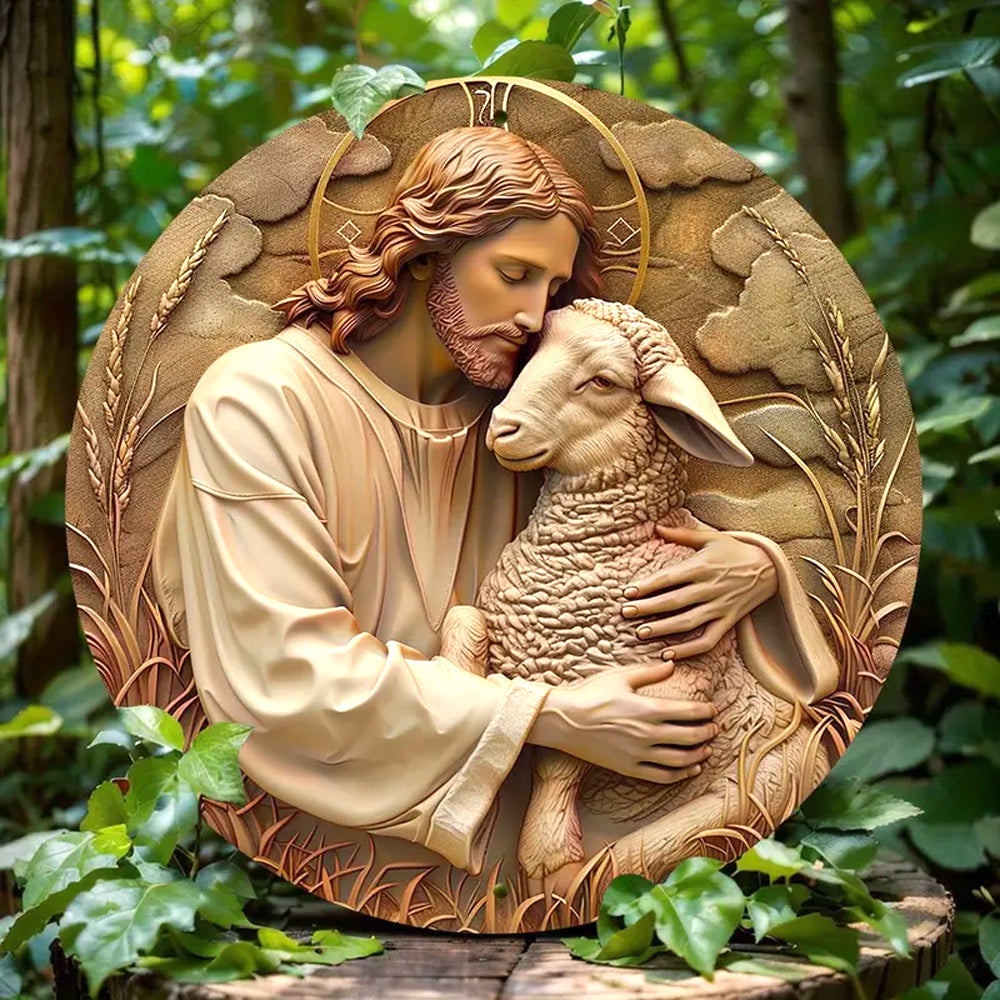 Jesus Christ Embracing Lamb Metal Sign - Home Decor