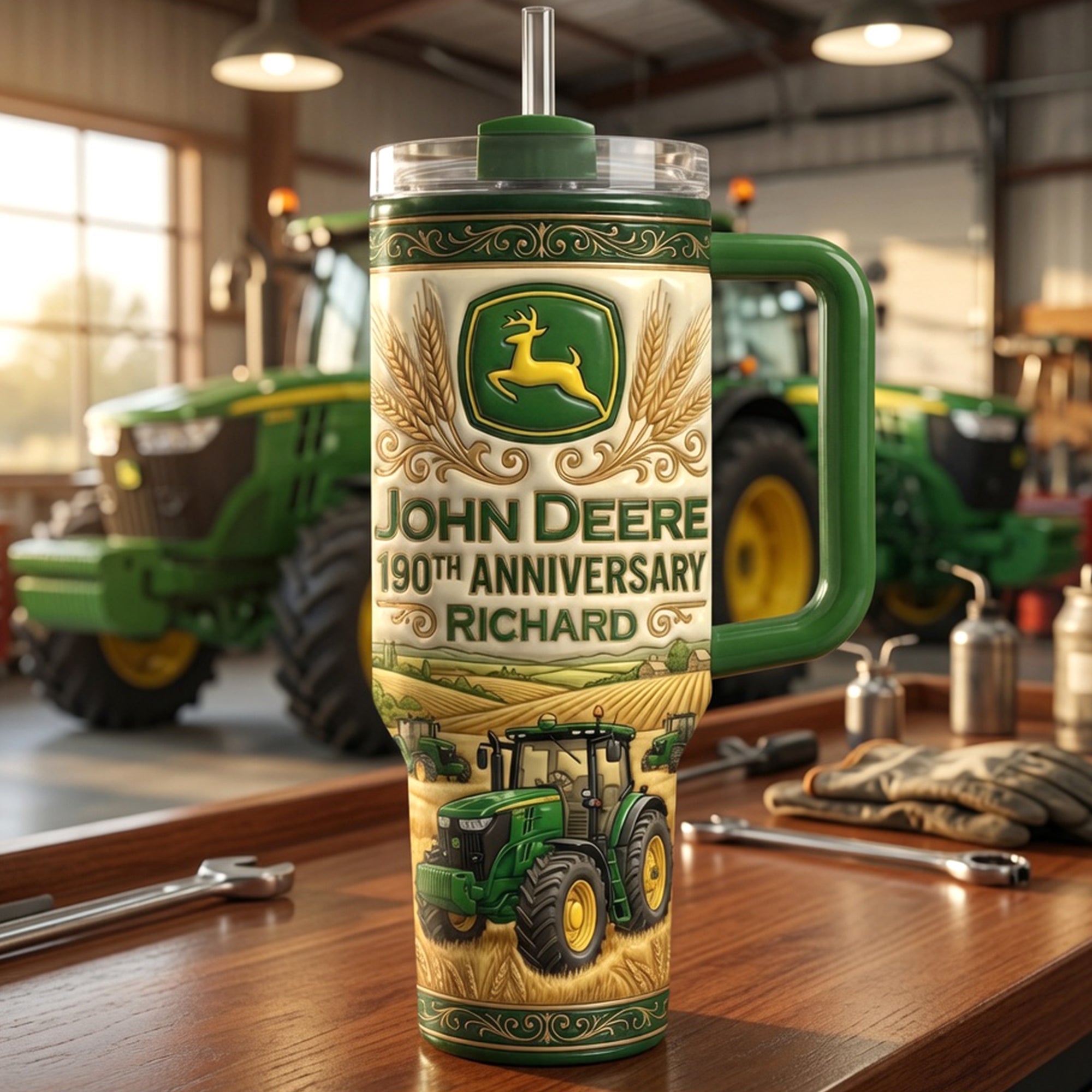 Celebrate Every Sip with Our Personalized Green Farm Tractor Tumbler - The Perfect Gift for Tractor Lovers!