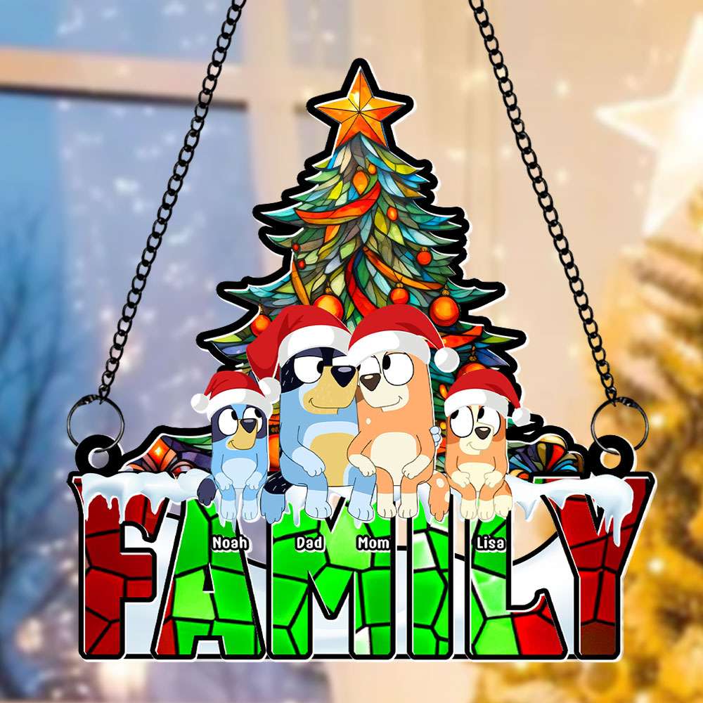 Personalized Family Cartoon Dog Christmas Suncatcher Ornament