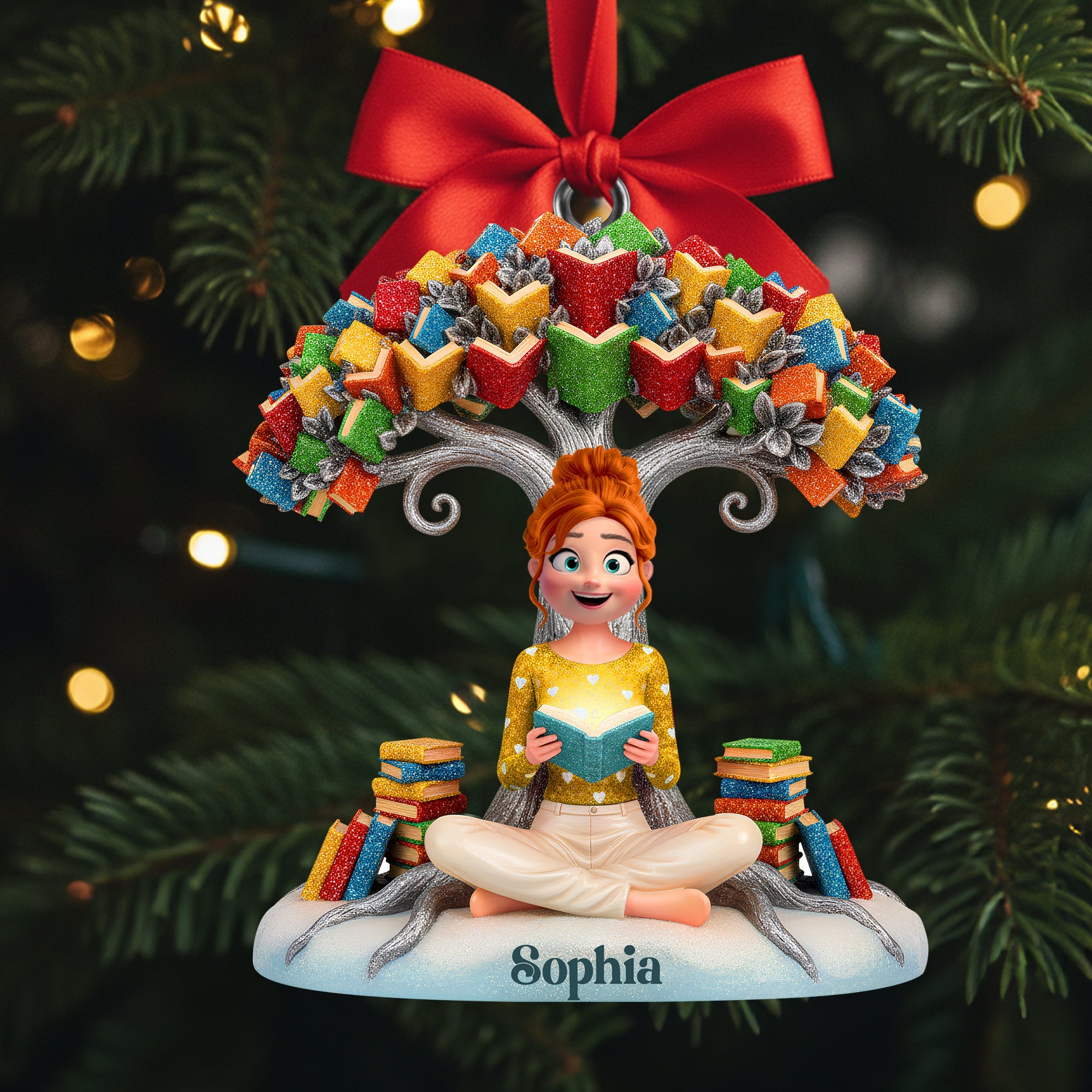 "Books Are a Unique Gift" - Book Tree Christmas Ornament - Personalized Gift for Book Lovers Ornament PopCulturePrints