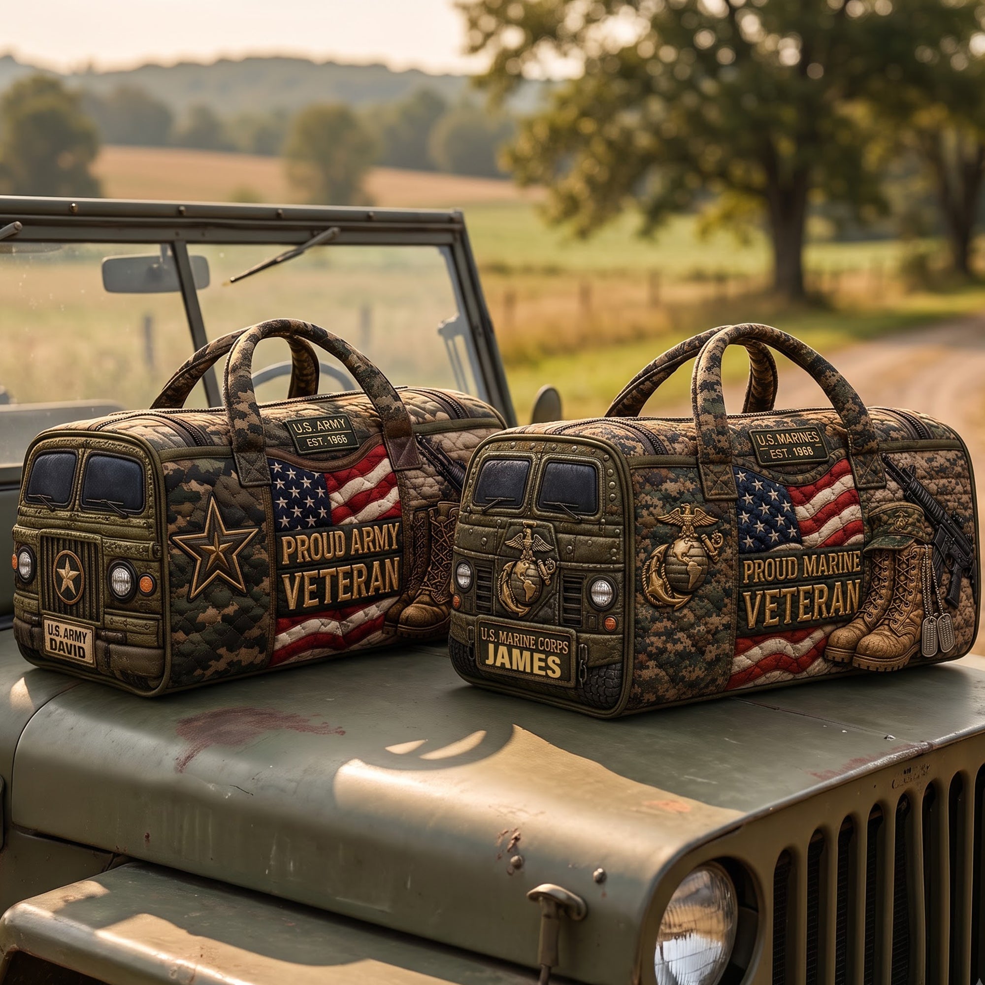 “Honor the Brave” - Military Quilted Duffle Bag - Personalized Gift for Veterans