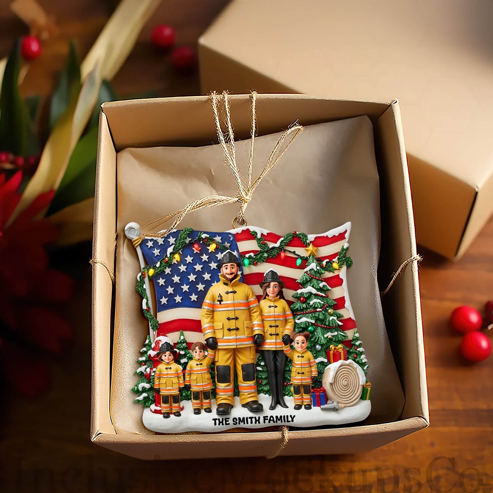 "Celebrate Family Valor this Holiday Season - Personalized Firefighter Christmas Ornament for Families" Ornament PopCulturePrints