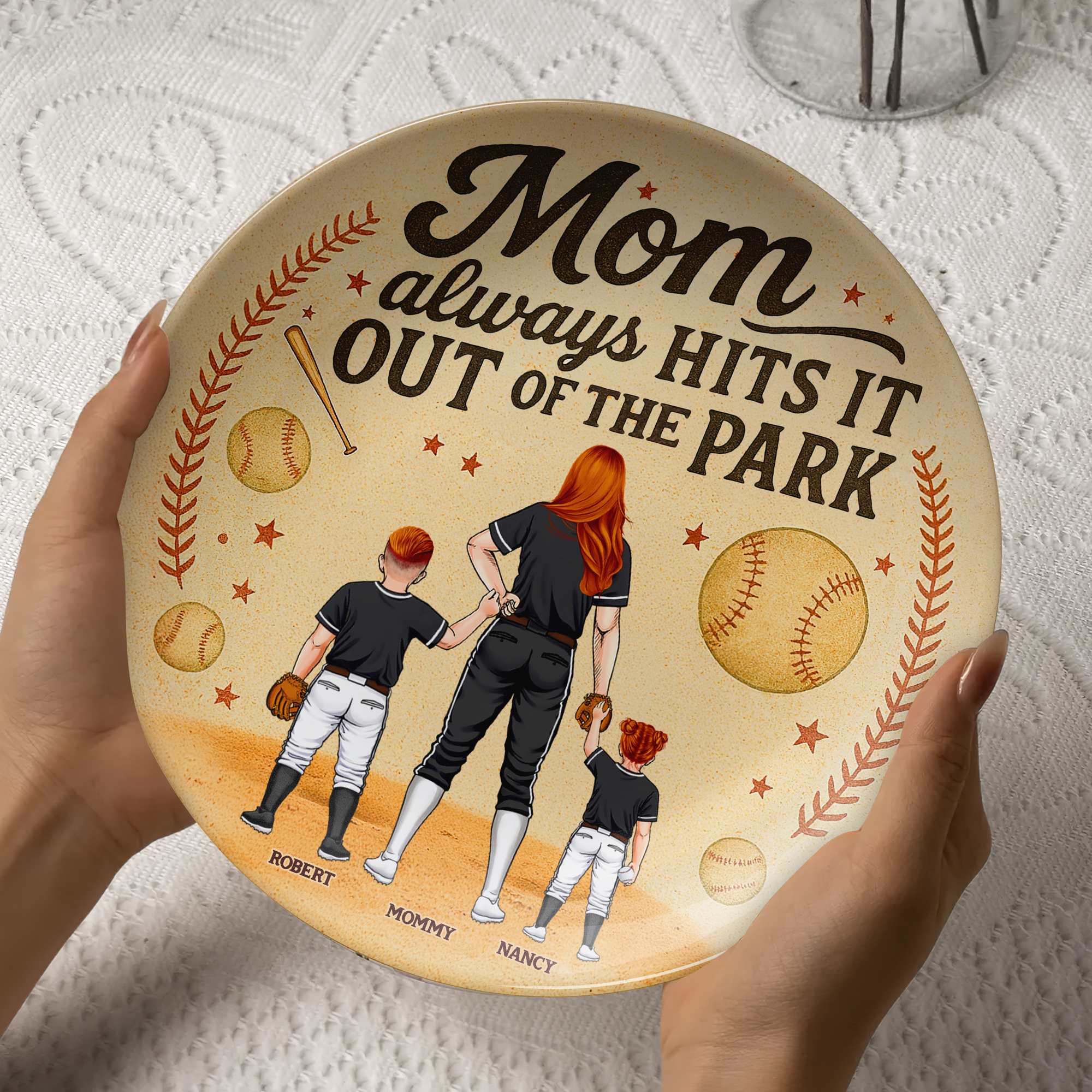 Mom Always Hits It Out Of The Park - Personalized Baseball Mom Ceramic Round Plate Gift Ceramic Round Plate PopCulturePrints