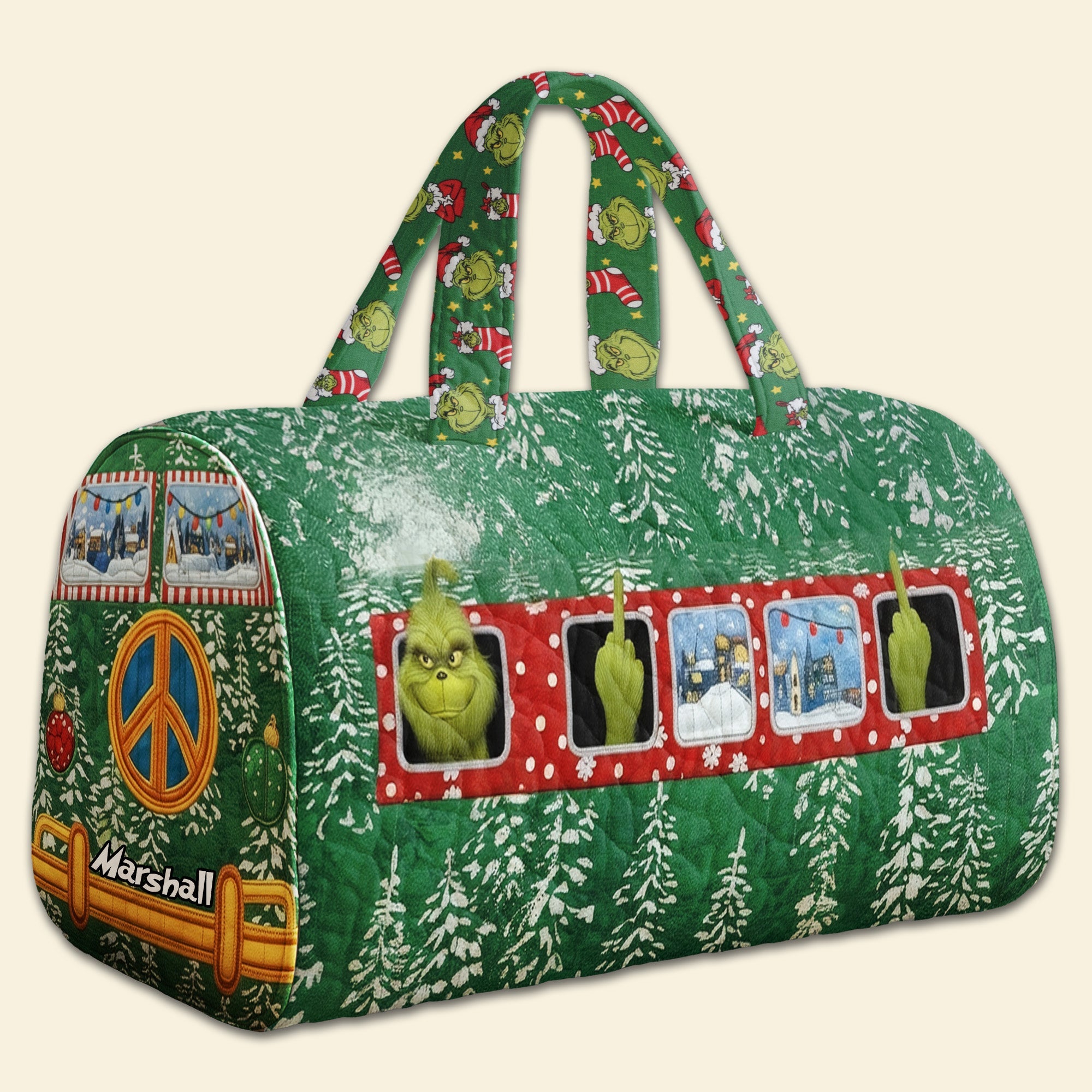 "Spread Holiday Cheer with Every Trip!" - Classic Camper Van Quilted Duffle Bag - Personalized Gift for Adventurers, Travelers, and Holiday Enthusiasts Quilted Duffle Bag PopCulturePrints