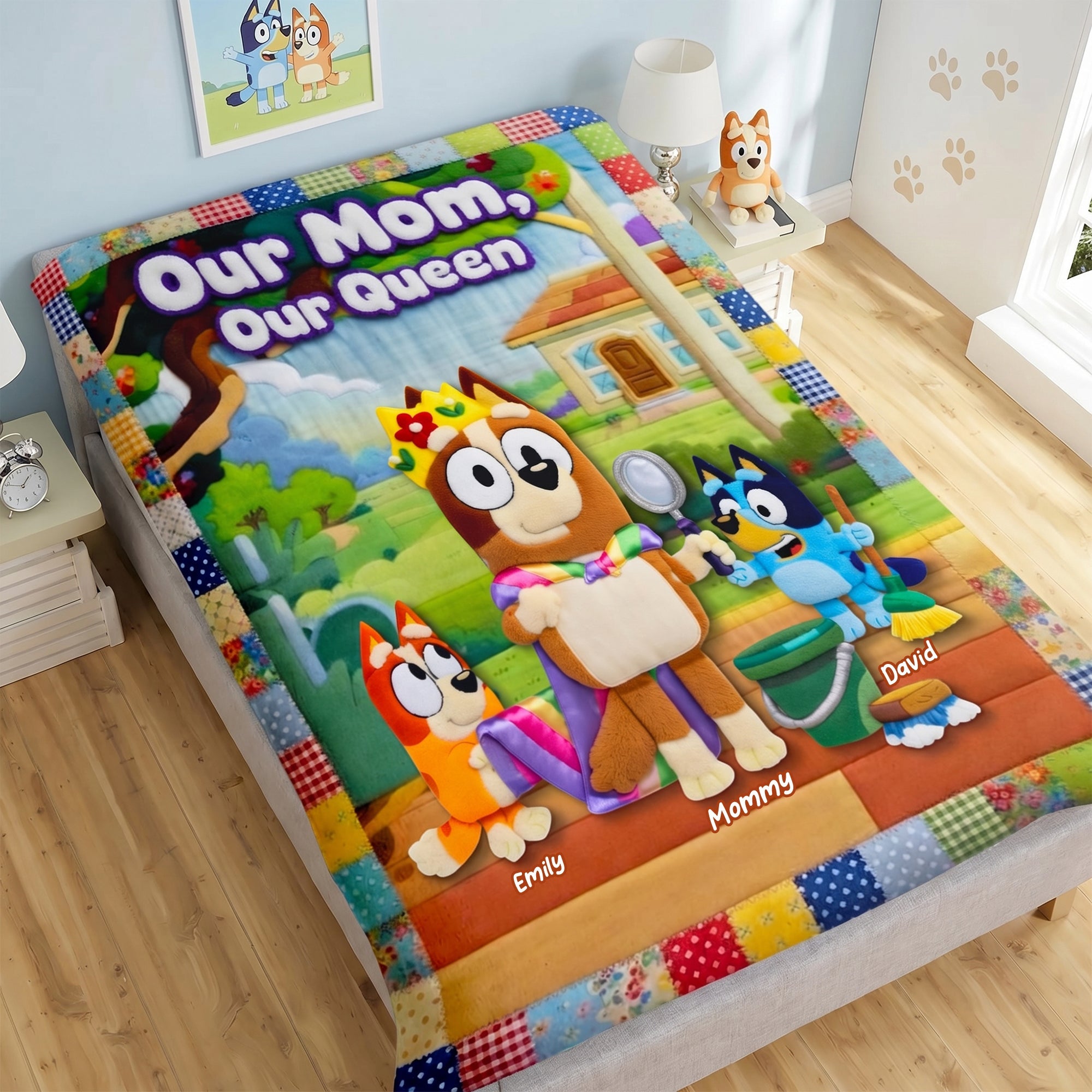 "Our Mom, Our Queen" - Personalized Happy Puppy Family Blanket - Perfect Gift for Mom, Grandma, Loved Ones Blanket PopCulturePrints