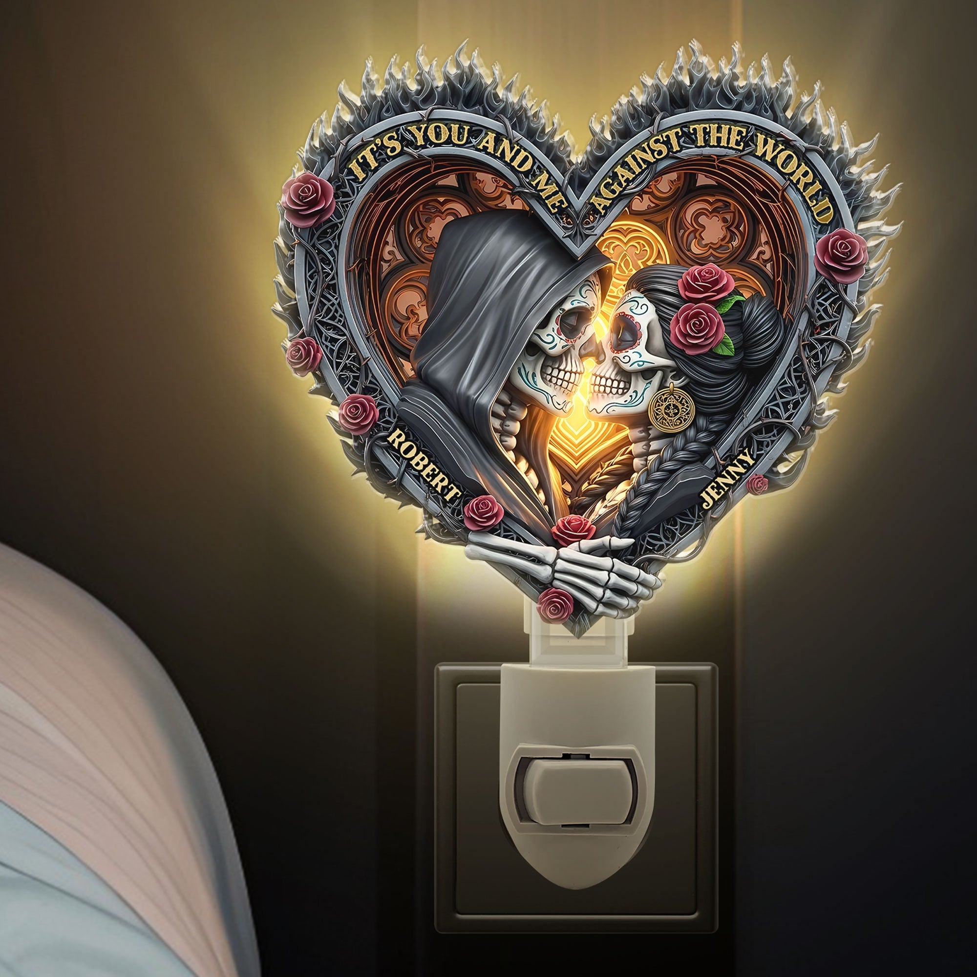 “It's You and Me Against the World” - Personalized Skull Couple Night Light - Custom Gift for Couples, Lovers, and Special Occasions Night Lights PopCulturePrints
